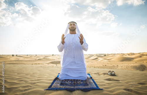 Photography Man with white traditional kandura from uae praying in the desert on the carpet