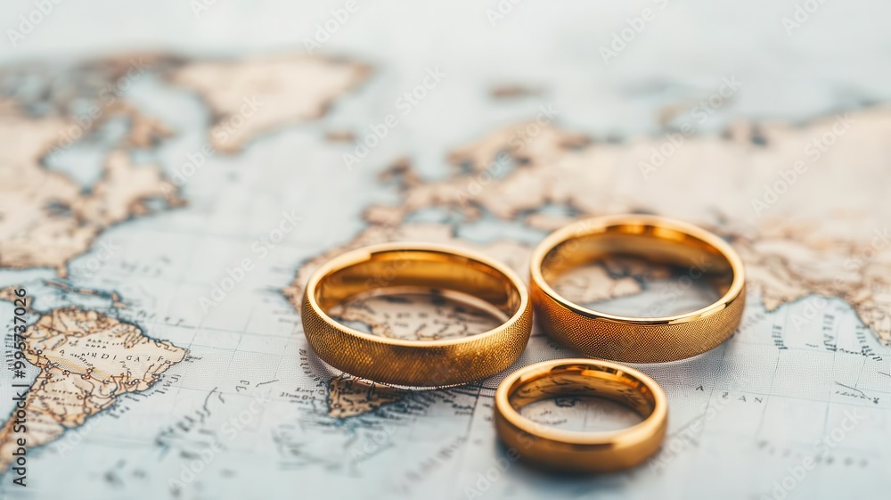 Gold rings scattered on a map, representing a treasure hunt across continents, gold rings on map, adventure and discovery Gold rings scattered on a map, representing a treasure hunt across continents, gold rings on map, adventure and discovery