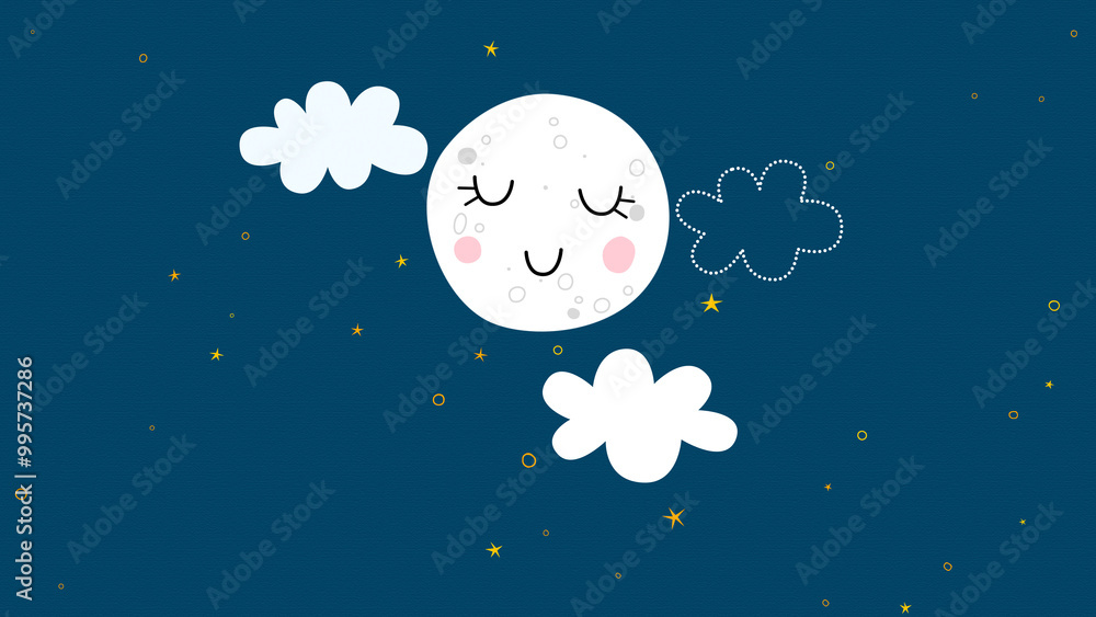 Naklejka premium moon and clouds and stars glowing on night sky background, kids lullaby and nursery rhyme design element 