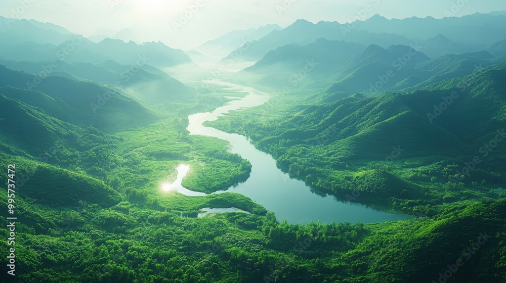 As dawn breaks, mist blankets the tranquil landscape of green mountains in China. Winding rivers flow gracefully at their feet, illuminated by soft sunlight. As dawn breaks, mist blankets the tranquil landscape of green mountains in China. Winding rivers flow gracefully at their feet, illuminated by soft sunlight.