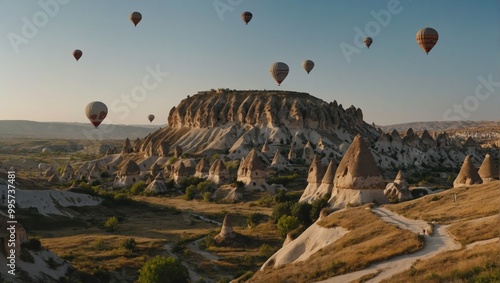 A sky filled with colorful hot air balloons creates a magical atmosphere over Cappadocia’s rocky terrain photo