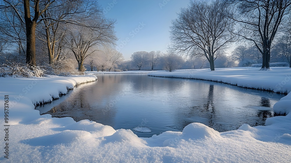 Serene Winter Landscape with Snow Covered Trees and Clear Blue Sky Serene Winter Landscape with Snow Covered Trees and Clear Blue Sky