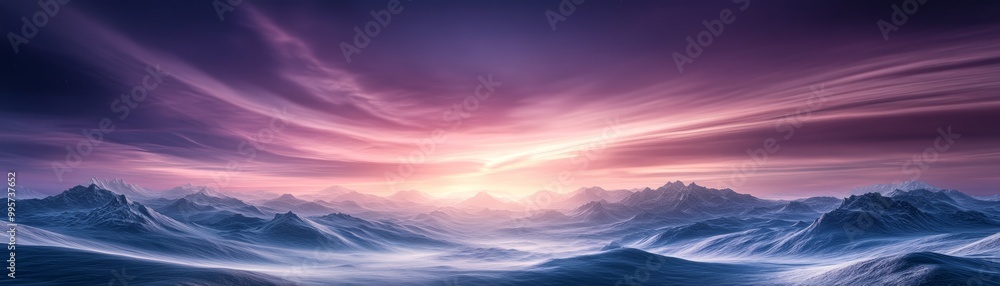 A breathtaking sunrise over a snow-capped mountain range. The sky is filled with pink and purple clouds. A breathtaking sunrise over a snow-capped mountain range. The sky is filled with pink and purple clouds.