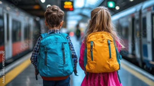 A group of children stand at a train station, excitedly preparing for their journey. They wear colorful backpacks and sun hats, looking forward to their next adventure.