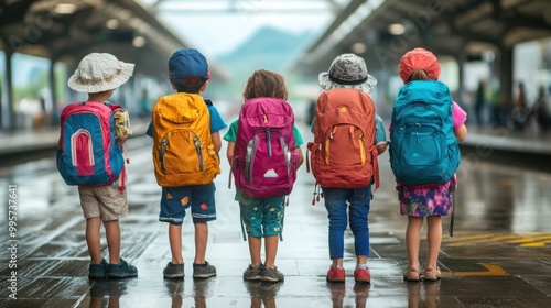A group of children stand at a train station, excitedly preparing for their journey. They wear colorful backpacks and sun hats, looking forward to their next adventure.