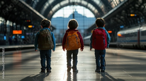 A group of children stand at a train station, excitedly preparing for their journey. They wear colorful backpacks and sun hats, looking forward to their next adventure.