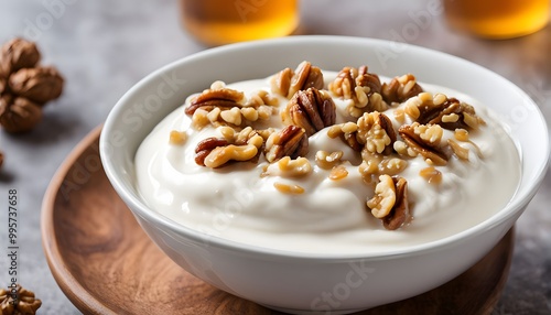 A bowl of creamy yogurt topped with honey and walnuts, Ai Generated