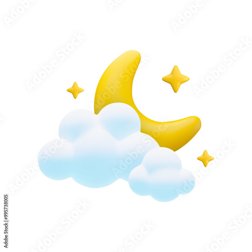 Vector cartoon 3d cloudy night icon. Cute 3d render of glossy half moon with sparkling stars and clouds isolated background. Realistic style crescent, starry night illustration for weather app, game.