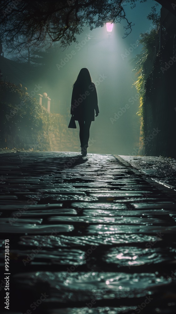 Mysterious Night Walk in Foggy Alley with Street Lamp Silhouette Mysterious Night Walk in Foggy Alley with Street Lamp Silhouette
