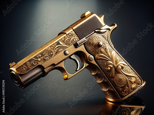 A gleaming metallic firearm with golden accents and delicate engravings rests on a dark surface, its refined beauty reflecting amidst a subdued studio backdrop.