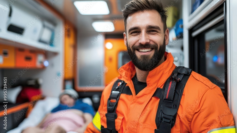 Happy paramedic in an ambulance, feeling proud after helping a patient in an emergency situation paramedic joy, lifesaving work Happy paramedic in an ambulance, feeling proud after helping a patient in an emergency situation paramedic joy, lifesaving work