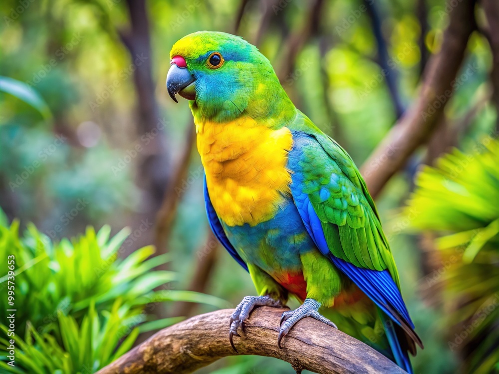 A green Australian parrot's vibrant plumage shines on a gnarled branch, blue and yellow hues contrasting beautifully with the forest's calm surroundings. A green Australian parrot's vibrant plumage shines on a gnarled branch, blue and yellow hues contrasting beautifully with the forest's calm surroundings.