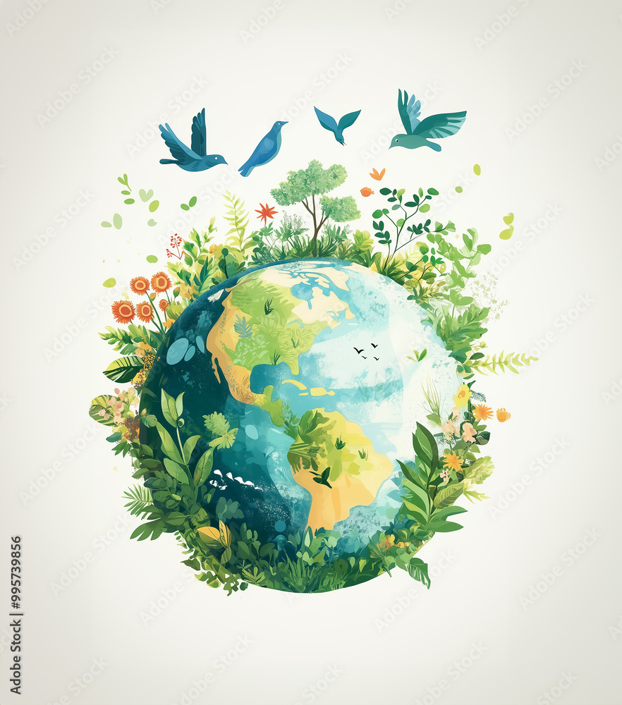 A clean, vibrant illustration of the globe encircled by bright flora and birds, representing environmental harmony, sustainability, and biodiversity in a colorful, eco-friendly style. A clean, vibrant illustration of the globe encircled by bright flora and birds, representing environmental harmony, sustainability, and biodiversity in a colorful, eco-friendly style.