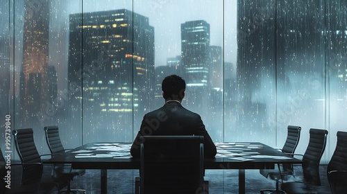 A lone businessman sits at a conference table in a darkened office, overlooking a rainy cityscape.