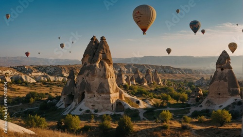 A sky full of colorful hot air balloons against Cappadocia’s stunning rock formations