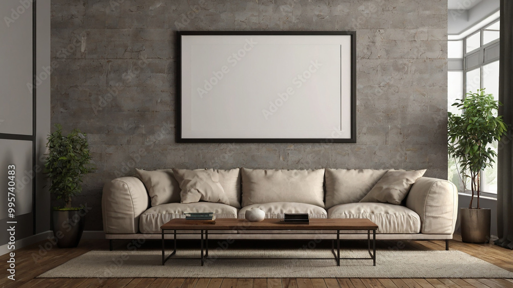 Living room interior with sofa, plant and blank poster. 3d render Living room interior with sofa, plant and blank poster. 3d render