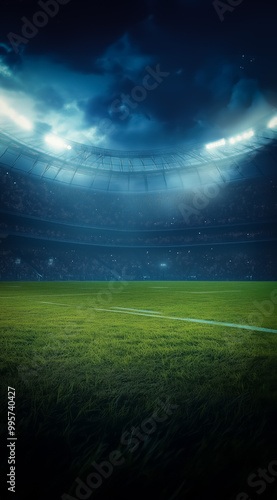 A night view of an empty football stadium with a green field under an ominous sky. The lights shine brightly, setting the stage for a high-energy event.