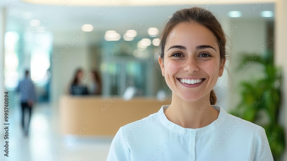 Receptionist smiling as they greet visitors in a bright, welcoming office lobby receptionist joy, warm welcome Receptionist smiling as they greet visitors in a bright, welcoming office lobby receptionist joy, warm welcome
