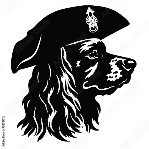 English Cocker Spaniel in pirate hat at home. Halloween costume for pet - silhouette vector illustration transparent background