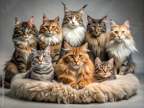 A luscious Maine Coon settles into a plush cushion, its robust physique and luxuriant coat a testament to its resilient heritage, set against a backdrop of diverse felines. photo