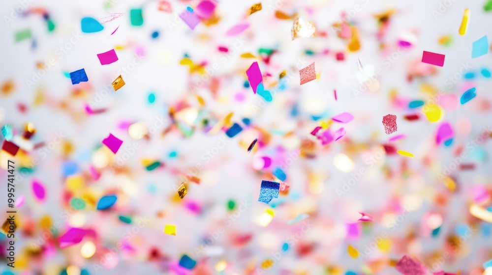 Fototapeta premium Colorful Birthday Confetti Raining Down with Muffin Decorations, Creating a Vibrant and Festive Pattern for Celebratory Atmosphere