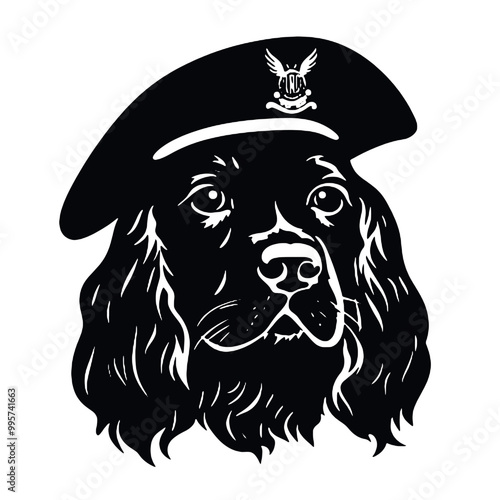 English Cocker Spaniel in pirate hat at home. Halloween costume for pet - silhouette vector illustration transparent background