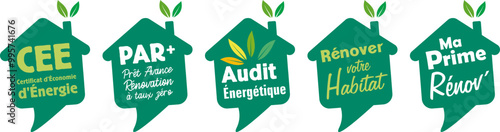 étiquette, bulle de dialogue maison, prime rénovation, CEE, certificat d'économie d'énergie, audit énergétique, maison verte.