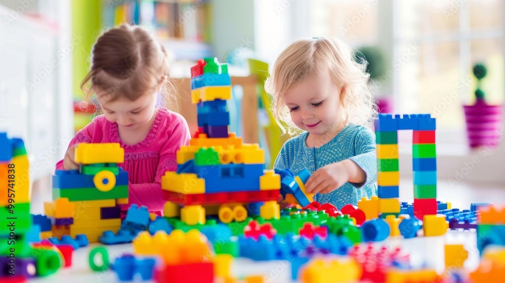 Naklejka premium Young Kids Playing with Colorful Building Blocks Indoors