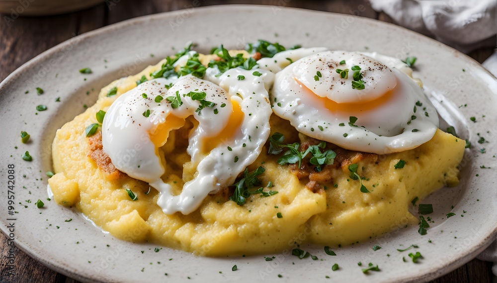 A comforting bowl of creamy polenta topped with poached eggs, AI Generated A comforting bowl of creamy polenta topped with poached eggs, AI Generated