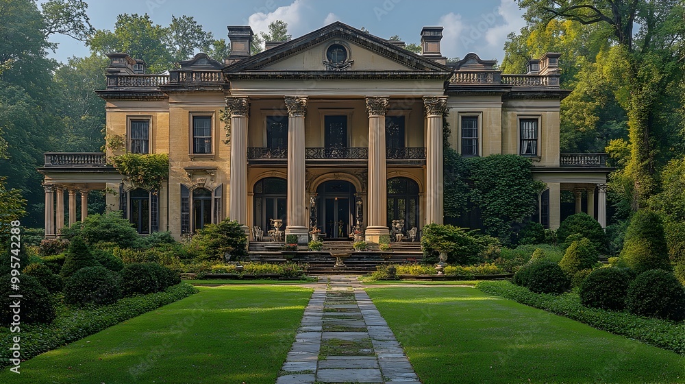 Grandiose Historic Mansion with Ornate Architecture and Expansive Estate Garden Grandiose Historic Mansion with Ornate Architecture and Expansive Estate Garden