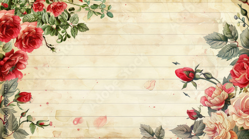 Fototapeta Naklejka Na Ścianę i Meble -  vintage watercolor rose flower blooming wide paper journal with empty space in the middle and leaf border frame