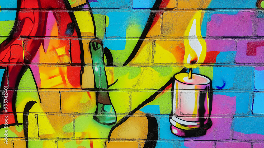 Fototapeta premium Pop art comic street graffiti with candle on colorful brick wall.
