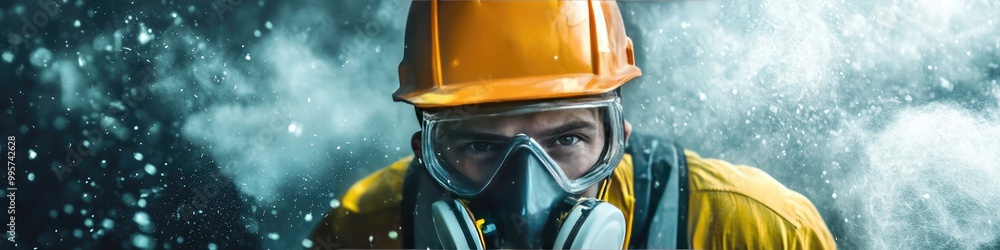 construction worker in a protective mask. Selective focus construction worker in a protective mask. Selective focus