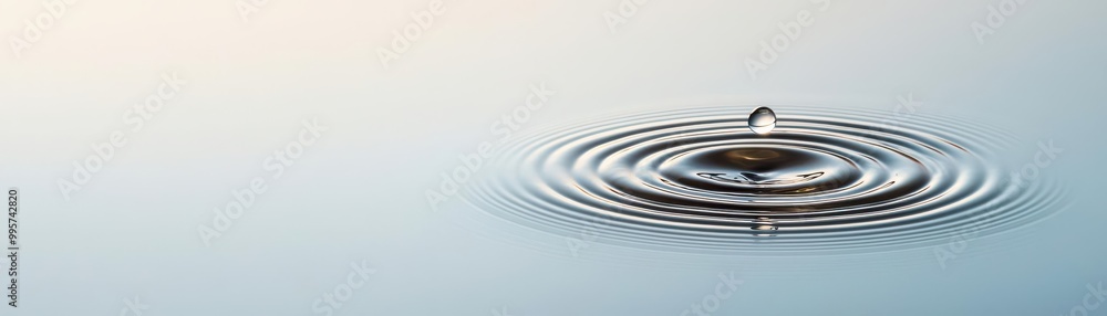 A single water droplet creates ripples on a calm blue surface, demonstrating the serene beauty and tranquility of water dynamics A single water droplet creates ripples on a calm blue surface, demonstrating the serene beauty and tranquility of water dynamics