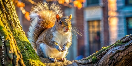 A majestic, fluffy-tailed rodent lights up the city skyline with its warm, russet back and snowy white belly, aglow in dappled sunlight. photo