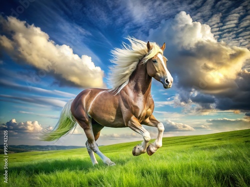 A majestic horse prances freely in a lush green meadow, its white forehead stripe glistening as wispy clouds drift lazily by on a warm sunny day. photo