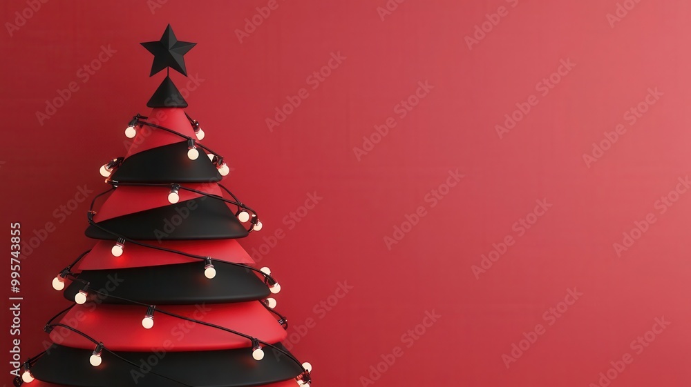 Red and black Christmas tree topper glowing above holiday lights, 3D illustration Red and black Christmas tree topper glowing above holiday lights, 3D illustration