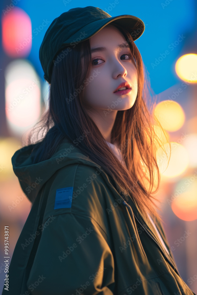 young woman wearing green cap and jacket stands against blurred city background, illuminated by colorful lights. Her expression is thoughtful and serene, capturing moment of urban tranquility young woman wearing green cap and jacket stands against blurred city background, illuminated by colorful lights. Her expression is thoughtful and serene, capturing moment of urban tranquility