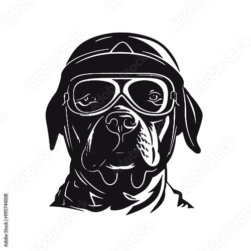 black and white illustration of a dog Aviator With Pilot Cap & Goggles