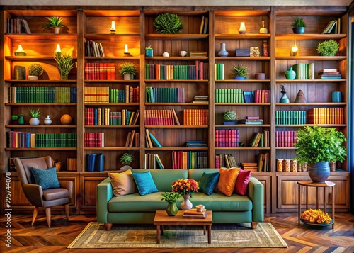 This delightful home library showcases rich wooden bookshelves loaded with colorful volumes and decorative treasures,