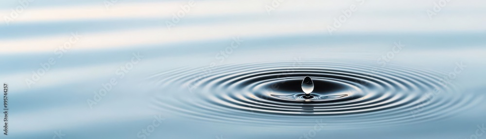 A single water droplet creates ripples on a calm blue surface, demonstrating the serene beauty and tranquility of water dynamics A single water droplet creates ripples on a calm blue surface, demonstrating the serene beauty and tranquility of water dynamics