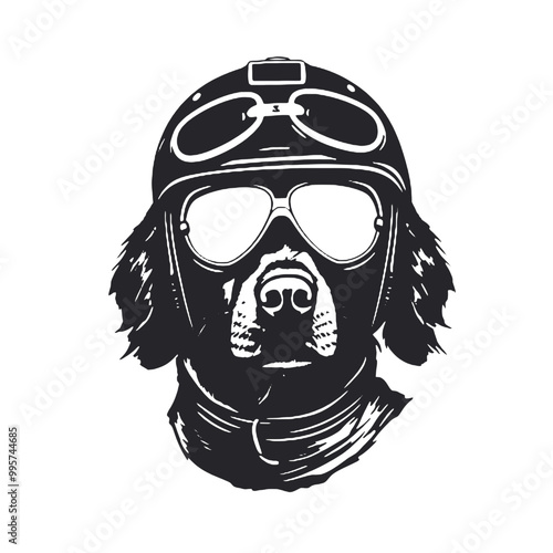 black and white illustration of a dog Aviator With Pilot Cap & Goggles