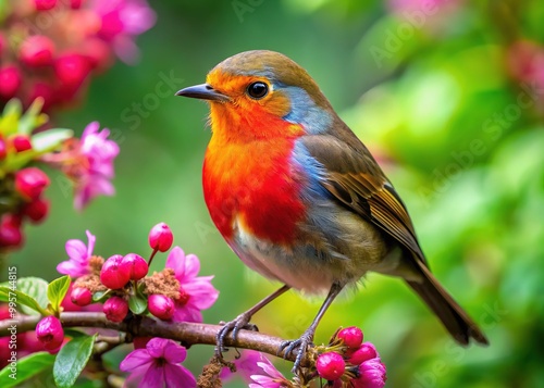 A medium-sized bird with a striking crest and scarlet plumage perches on a branch, beak tipped downwards, amidst lush greenery and colorful blooms.