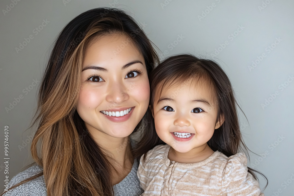 Mixed racial young mother and cute daughter smiling and interacting in front of a plain background, dressed in simple clothes, captured in a family photo portrait shoot showcasing their joyful bond Mixed racial young mother and cute daughter smiling and interacting in front of a plain background, dressed in simple clothes, captured in a family photo portrait shoot showcasing their joyful bond