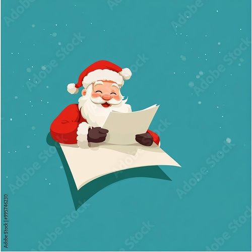 Santa Claus reading a letter flat design, top view, wish list theme, cartoon drawing, Complementary Color Scheme
