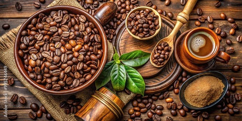 Aromatic Italian Coffee Beans in a Rustic Wooden Bowl with Espresso Cups and Coffee Accessories