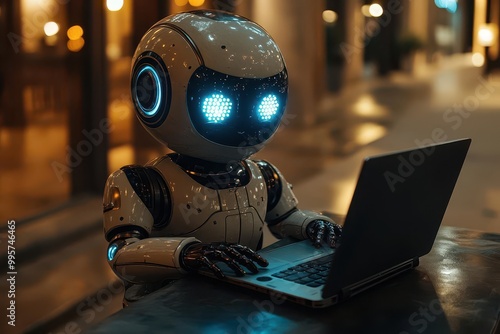 adorable humanoid robot seated at a sleek desk diligently working on a laptop showcasing the harmonious blend of technology and creativity in a modern workspace