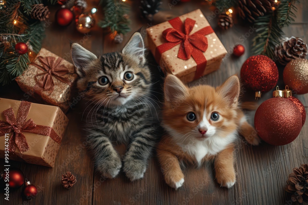 adorable scene of a playful cat and a puppy surrounded by colorful christmas gift boxes on a rustic wooden floor radiating warmth and festive joy of the holiday season adorable scene of a playful cat and a puppy surrounded by colorful christmas gift boxes on a rustic wooden floor radiating warmth and festive joy of the holiday season