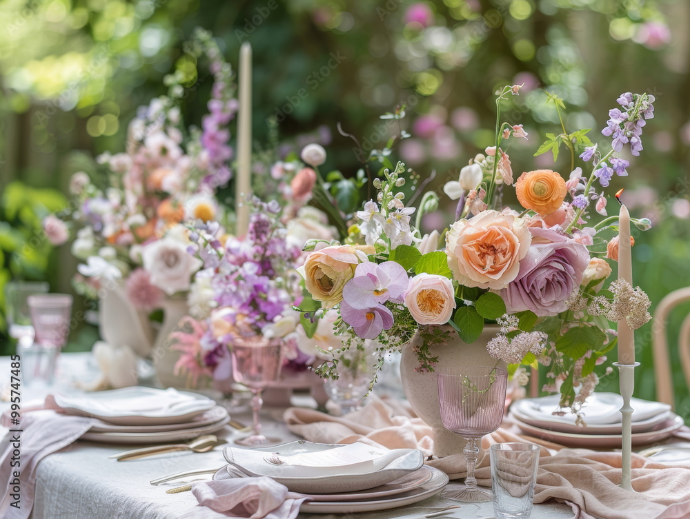 Obraz premium A beautifully arranged table features elegant floral centerpieces with roses, ranunculus, and delicate greenery, creating serene and inviting atmosphere for gatherings