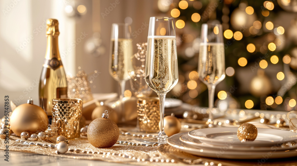 Fototapeta premium A festive table setting featuring champagne flutes, golden ornaments, and sparkling decorations creates warm and celebratory atmosphere for special occasion